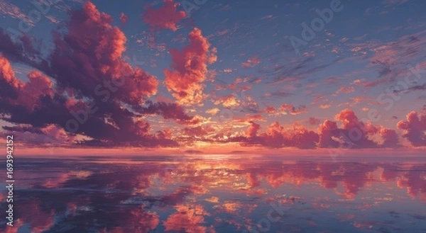 Fototapeta A vibrant sunset glows over calm ocean waters, with dramatic clouds painting the evening sky.