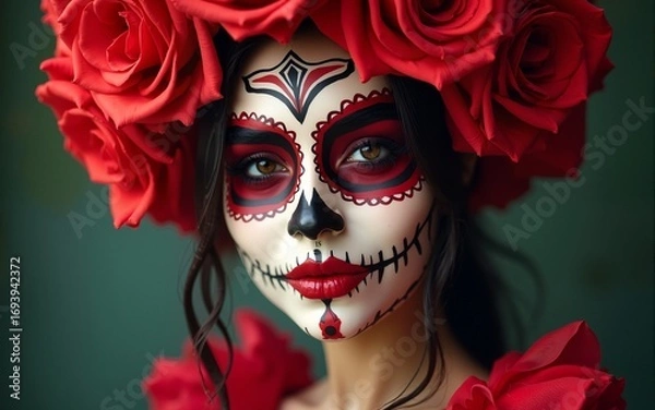 Fototapeta Striking Female Portrait of Dia de los Muertos La Catrina with Elegant Red Roses and Intricate Face Paint Celebrating Mexican Tradition and Culture Brainstorming Digital Art. High quality