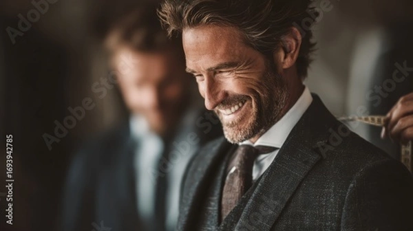 Fototapeta A well-dressed man smiles while being fitted for a suit, showcasing elegance and sophistication in a tailored environment.