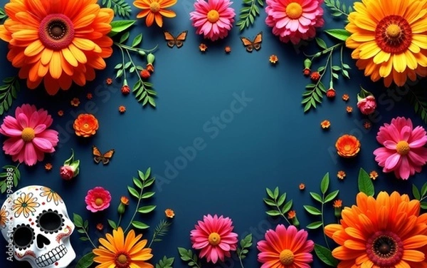 Fototapeta Dia de los muertos festive background with colorful sugar skull and marigold flowers top view for creative designs. High quality