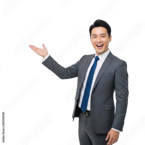 Fototapeta Smiling asian businessman in a suit presenting with open hand gesture in a professional setting transparent background