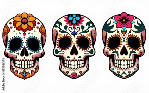 Fototapeta Day of the dead sugar skulls vector illustration dia de los muertos on transparent background. High quality