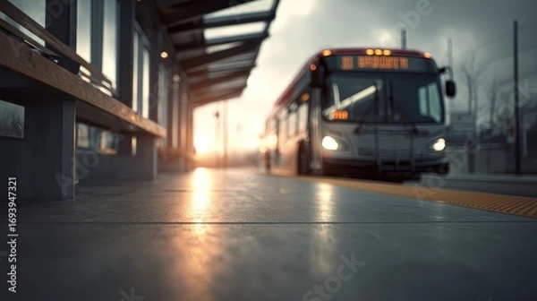 Fototapeta A city bus approaches a modern transit station at sunset, with warm light reflecting off the pavement, creating a dynamic urban atmosphere.