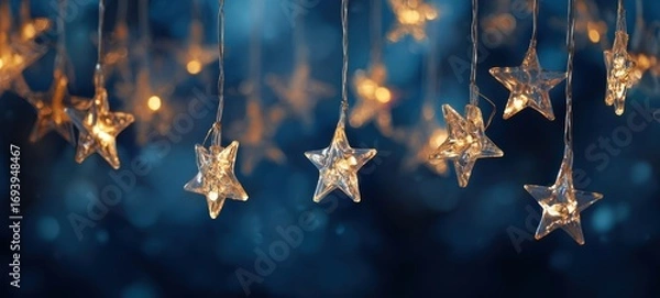 Obraz The star-shaped string lights glowing against a soft blue bokeh background