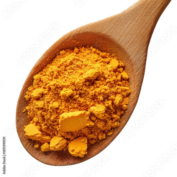Fototapeta Grated turmeric on wooden spoon close-up isolate on transparent white background