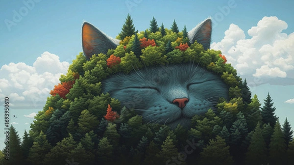 Fototapeta Dreamy cat landscape with a forest canopy