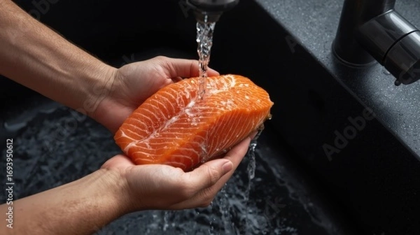 Fototapeta Fresh Salmon Fillet Rinsing in a Black Sink