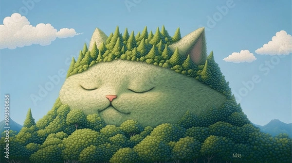 Fototapeta Whimsical cat-shaped mountain covered in lush greenery