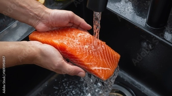 Fototapeta Fresh Salmon Fillet Rinsing in a Black Sink