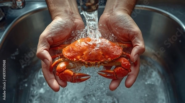 Fototapeta Fresh Red Crab Being Cleaned Under Running Water