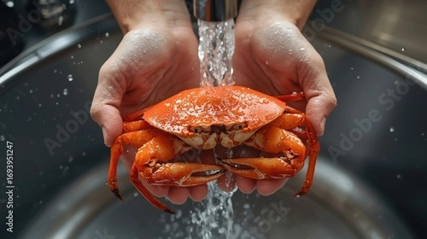 Fototapeta Fresh Red Crab Being Cleaned Under Running Water