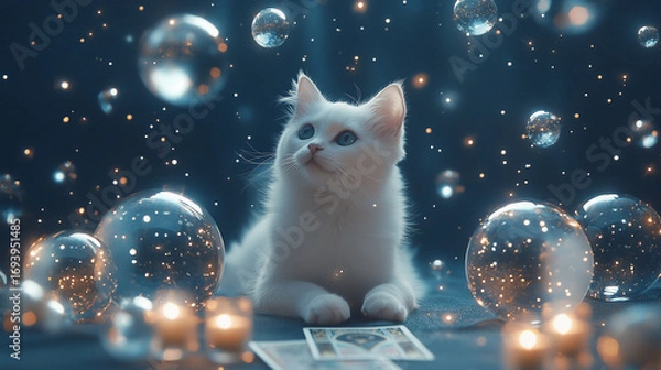 Fototapeta Enchanting white cat surrounded by magical bubbles and lights