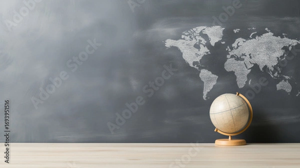 Fototapeta Vintage globe on a wooden table with a chalk world map backdrop