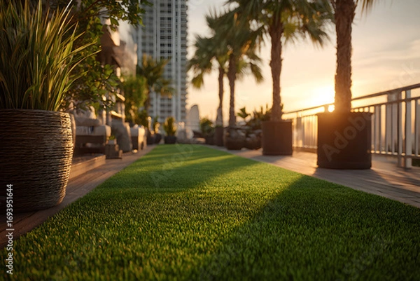 Fototapeta Lush artificial lawn on a rooftop terrace with palm rees.
