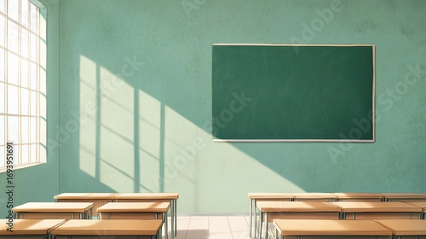 Fototapeta Bright and Inviting Classroom with Chalkboard and Desks