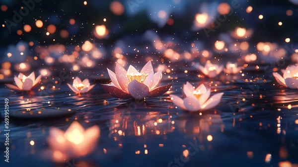 Fototapeta Enchanted glowing lotus flowers on tranquil water surface