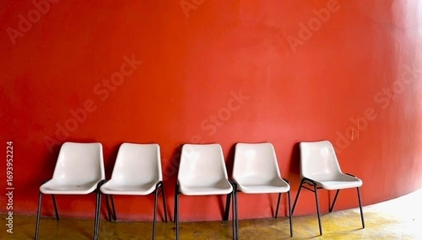 Fototapeta Five white plastic chairs lined up in front of a bold curved red wall, evoking simplicity, waiting, and modern design.
