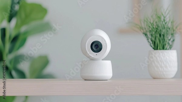 Fototapeta Modern home security camera on a minimalist shelf
