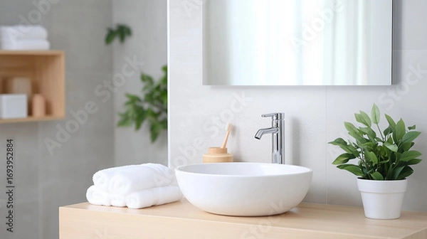 Fototapeta Modern bathroom sink with elegant decor and greenery