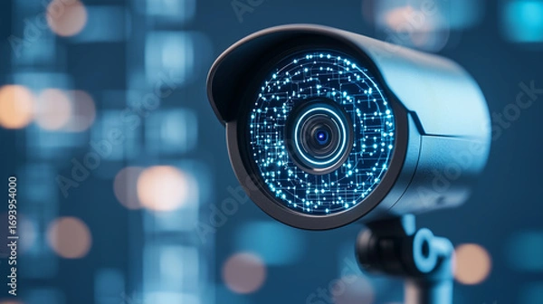 Fototapeta Futuristic surveillance camera with digital interface design