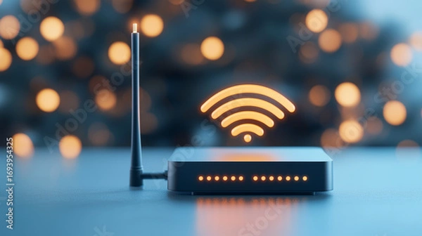 Fototapeta Modern Wi-Fi router with glowing signal icon on blurred background