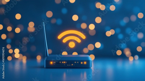 Fototapeta Modern Wi-Fi router with glowing signal icon and bokeh background