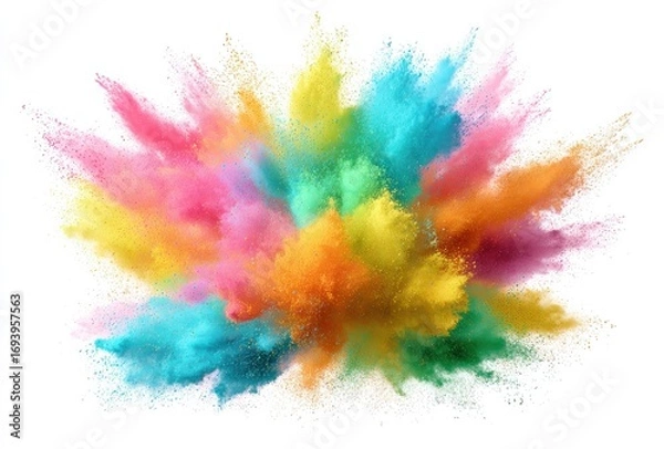 Obraz Vibrant explosion of colorful powder creates a dynamic burst against a clean white background, suggesting energy and vibrancy