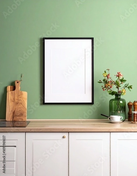 Fototapeta Mock up poster frame in kitchen interior on empty green color wall background.