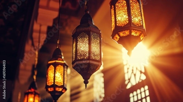 Fototapeta Ornate lanterns illuminated by sunlight