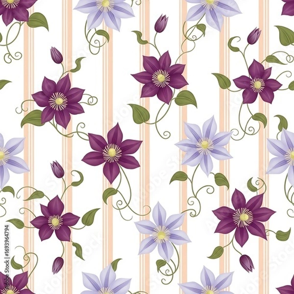 Fototapeta Seamless pattern with clematis flowers isolated on white background