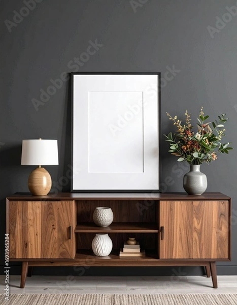 Fototapeta A mockup frame placed on a cabinet in a living room interior against an empty dark wall background