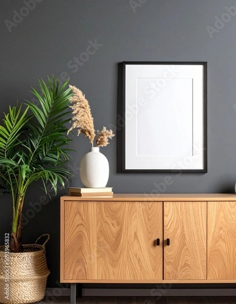 Fototapeta A mockup frame placed on a cabinet in a living room interior against an empty dark wall background