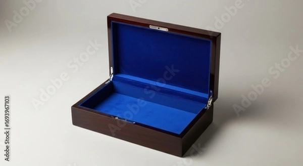 Fototapeta Open rectangular box with polished wood exterior, velvety blue interior on plain surface