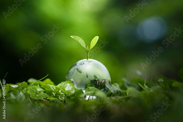 Fototapeta Sustainable Environmental Development concept, small tree on Crystal globe glass in green forest to protect nature. Eco-friendly esg conservation care. Earth clean and ecology, Green business.