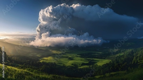 Fototapeta Ground-level view of ash fall covering vegetation with distant erupting volcano