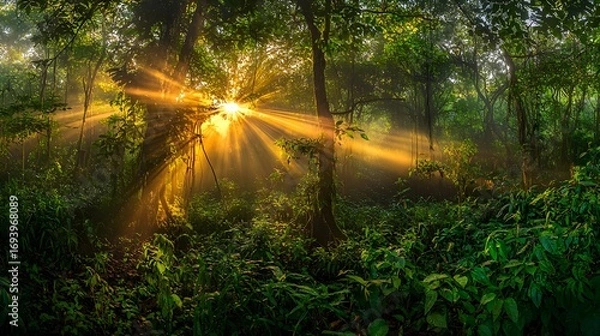 Fototapeta Looking up towards jungle canopy as golden sunlight streams through leaves creating ethereal light beams in misty rainforest air peaceful nature background
