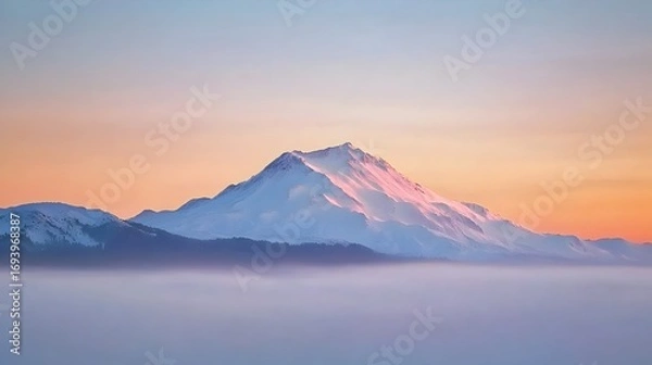 Fototapeta Panoramic view of volcanic range at sunrise with lenticular clouds forming over peaks