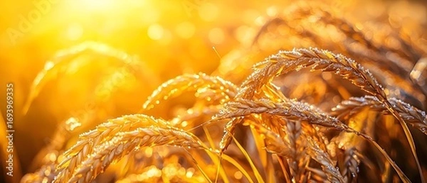 Fototapeta Vibrant morning in countryside field with sparkling dew on green grass