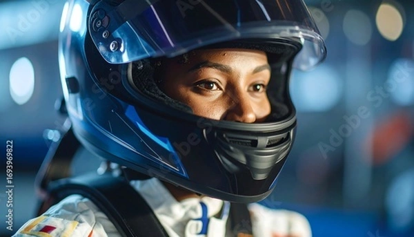 Fototapeta Close-up of a woman in a racing helmet