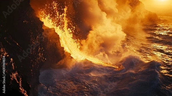 Fototapeta Close-up of pillow lava formation as molten flow enters turbulent seawater with violent steam bursts