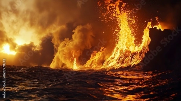 Fototapeta Time-lapse sequence of nighttime lava-ocean interaction showing pulsating explosive cycles