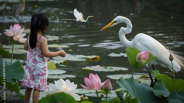 Fototapeta By the lotus pond in Beihai Park, the little girl stood on tiptoe and counted lotus pods, dragonflies flew past pink petals, and egrets shook their wings in the ripples.