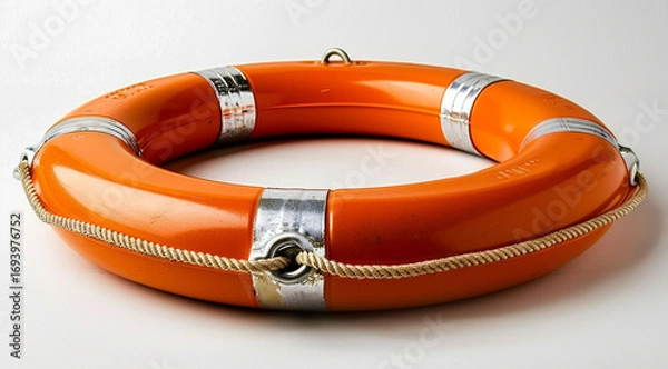 Fototapeta life buoy on a wooden background,life buoy on a wooden background,Bright red lifebuoy floating on a clean white background, symbolizing safety and rescue in aquatic environments