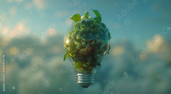 Fototapeta light bulb,plants inside of the light bulb on green background, green energy concept, sustainable environment technology background for eco friendly power industry
