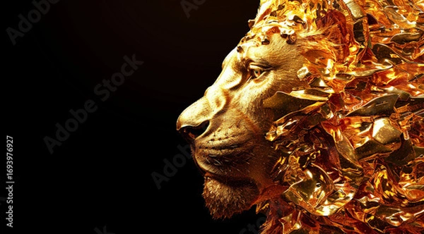 Fototapeta golden lion head on blue sky,lion on background,portrait of a lion,Majestic lion,known as the King of kings,embodies strength and grace,This majestic lion portrays the spirit of royalty with ample ,