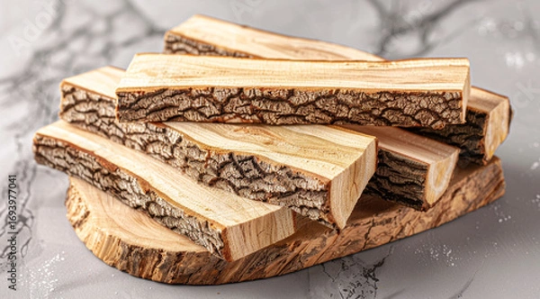 Fototapeta Realistic pile of wooden 2x4 planks stacked together on a white background, showcasing the natural texture and color variations of the untreated wood