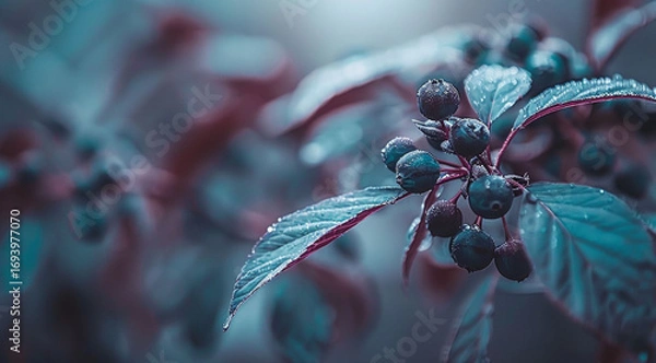Fototapeta close up of a spider on a black background,Close-up of dew-covered leaves and berries on a branch in soft sunlight. Perfect for nature, health, and wellness content.