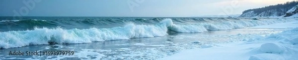 Fototapeta Icy waves crash against a frozen shoreline during a harsh winter tide The stark landscape showcases the raw power of nature's elements in the coldest season , frigid, cliff, tide