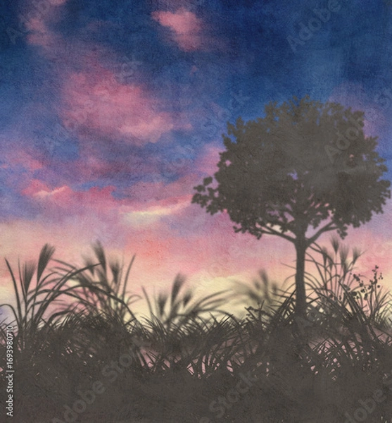 Fototapeta 木や原っぱのシルエットが見える朝焼け、夕焼けの風景の素材イラスト