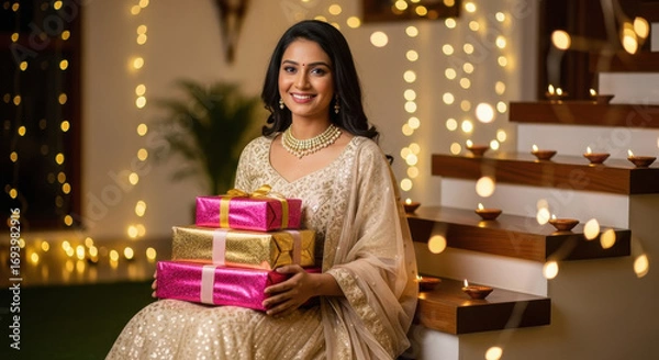 Fototapeta young indian woman holding gift box sitting at home on diwali festival
